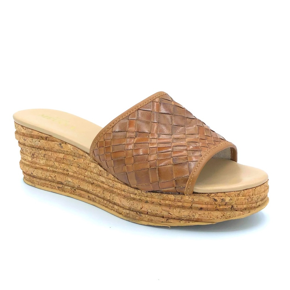 Sesto Meucci Brown Woven Leather Layered Cork Wedge Sandal Slides Size 9